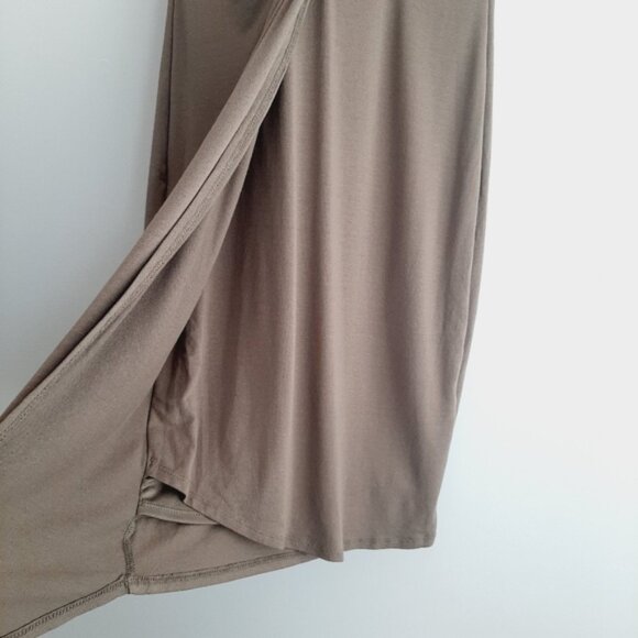 DYNAMITE Faux Wrap Soft Draped Gathered Sleeveless Stretch Mini Dress Taupe Sz S - Picture 7 of 13